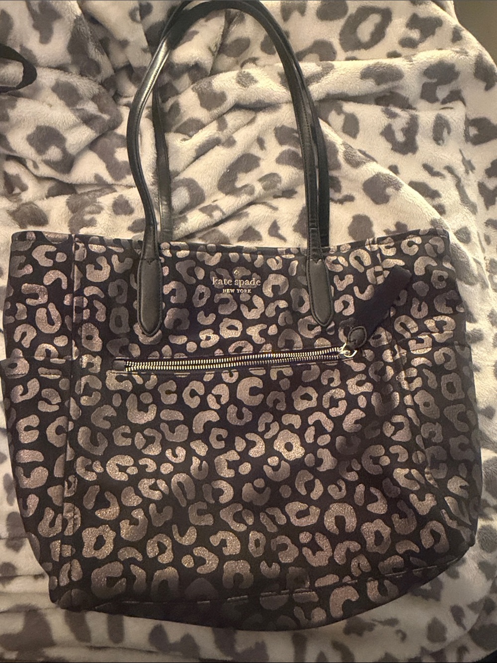 Kate Spade Chelsea Black Metallic Leopard Large Tote Shoulder Bag